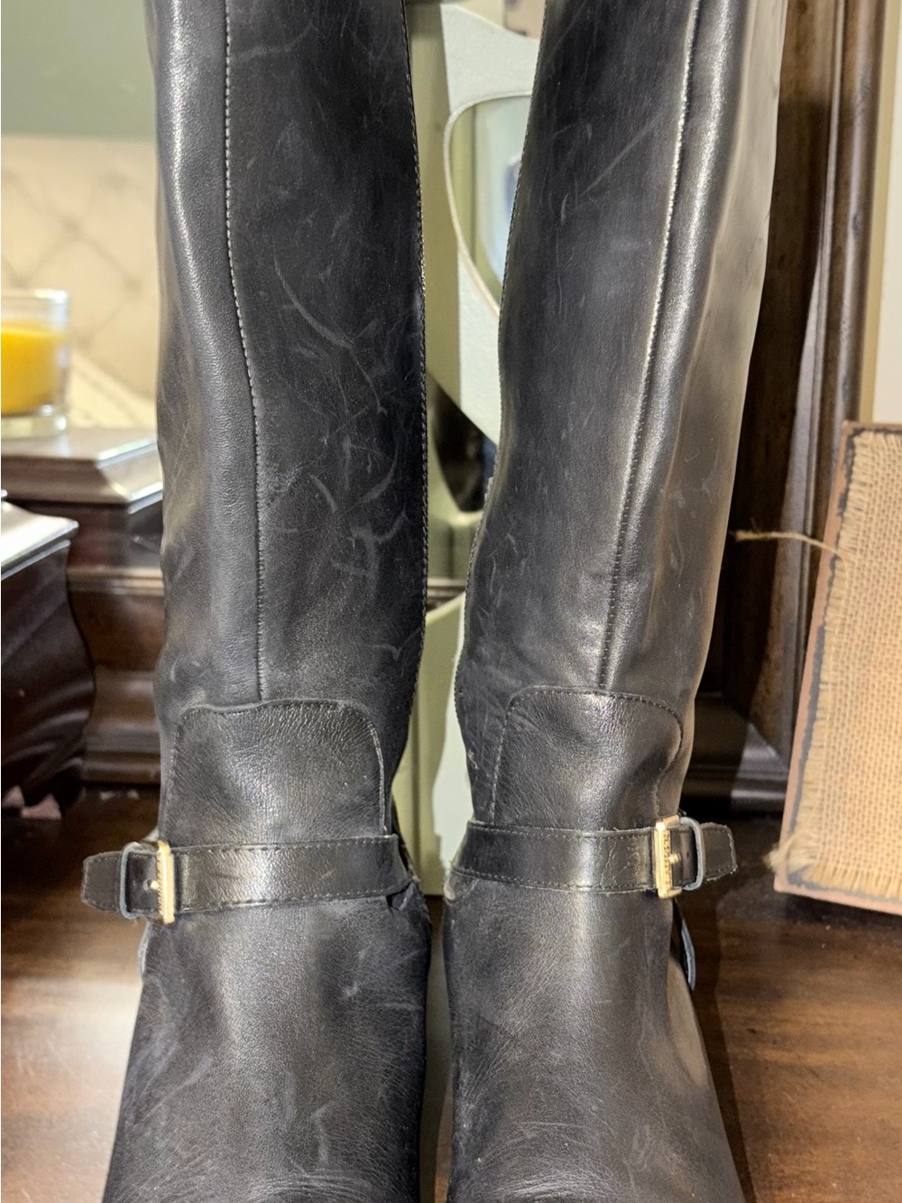 Ralph Lauren Black Leather Over-The-Knee Boots with Gold Buckle
